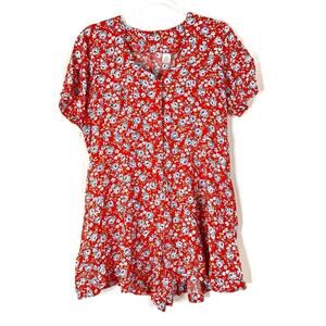 Circles 'N Sand | Vintage Floral Red Button Short Sleeve Romper M